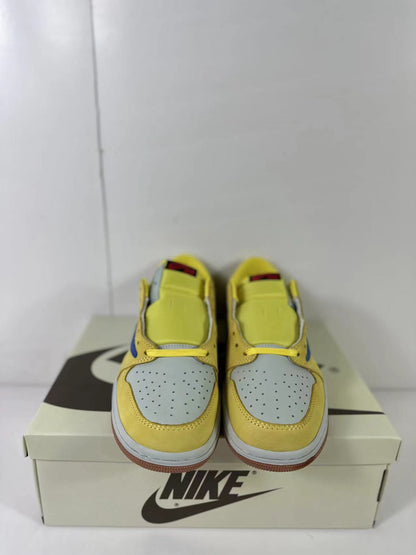 Top-front view showing the perforated light blue toe boxes and yellow lace areas.