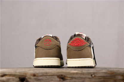 Straight-on rear view of both sneakers showing the brown heel sections and red embroidery.