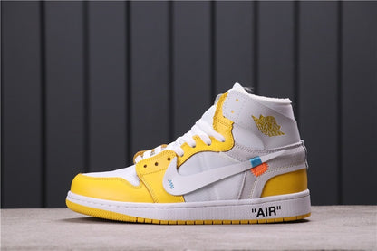 Side profile highlighting the white Swoosh, yellow overlays, winged Jordan logo, and quotation marks on the midsole.