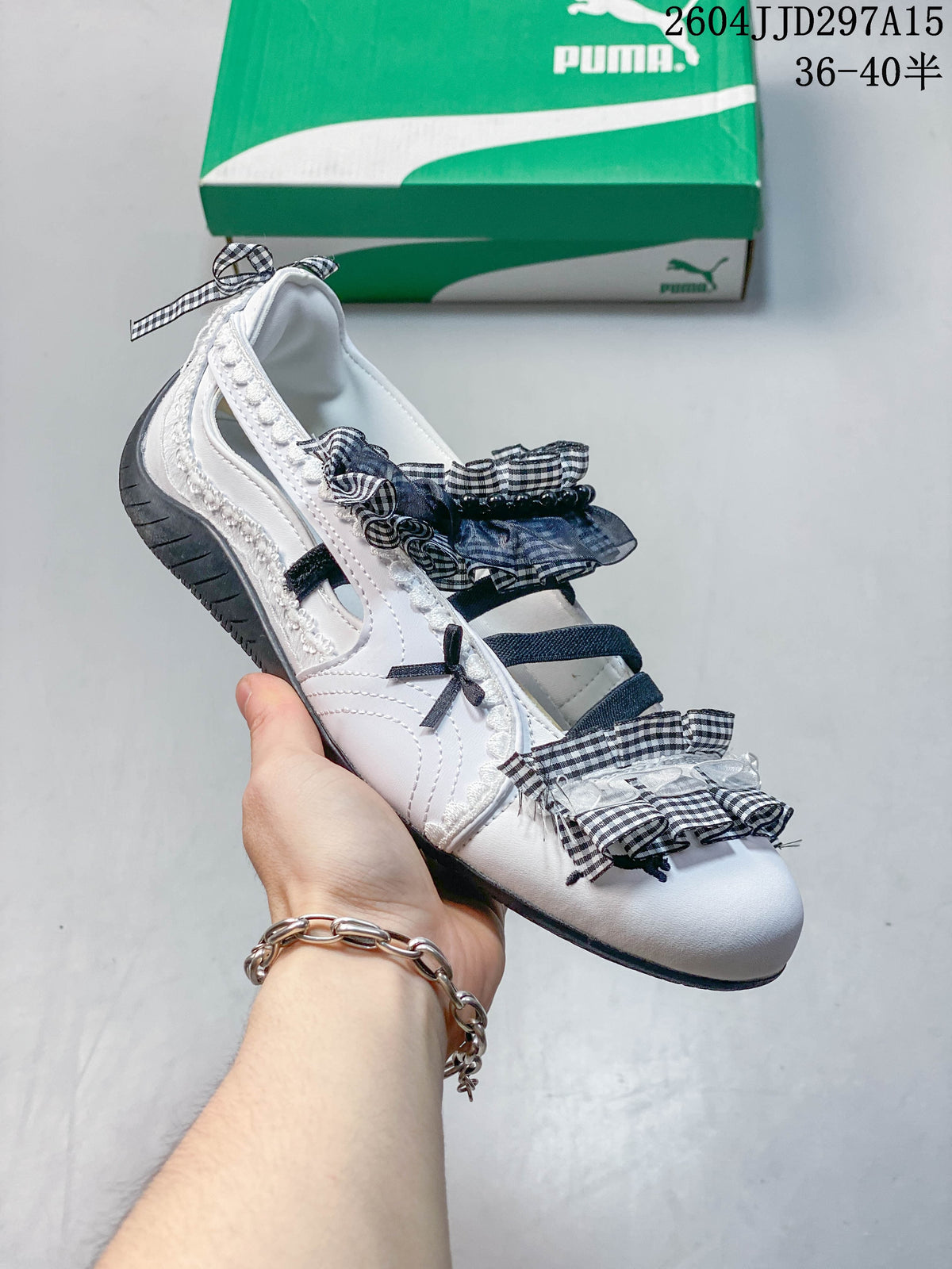 Puma White Gingham Ruffle Strap Flats