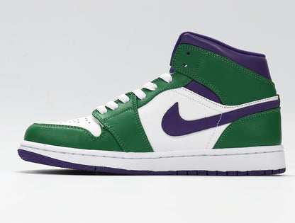 Side profile of a green, white and purple high-top sneaker.