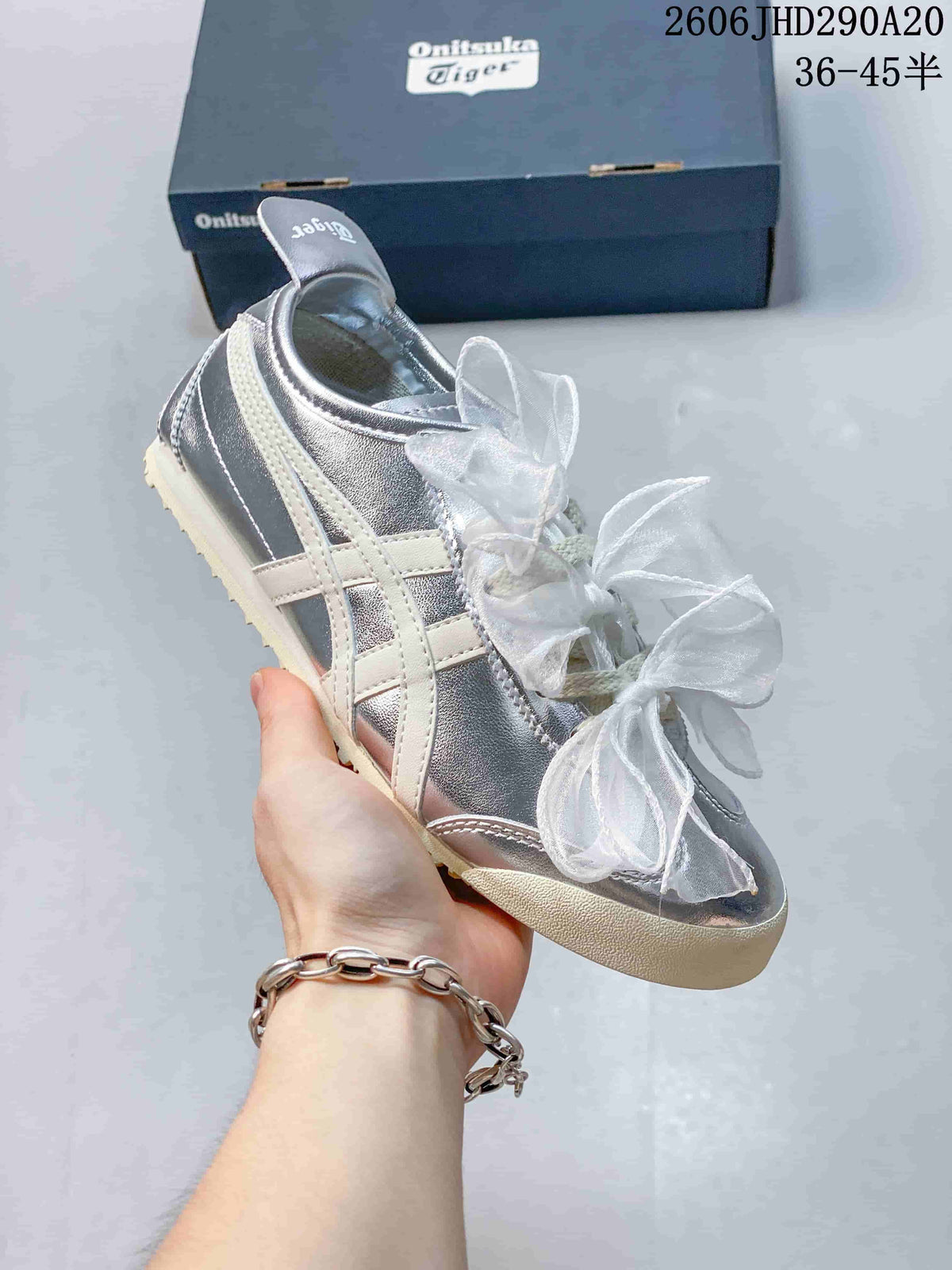 Onitsuka Tiger Silver Sneakers with Sheer Ribbon Laces
