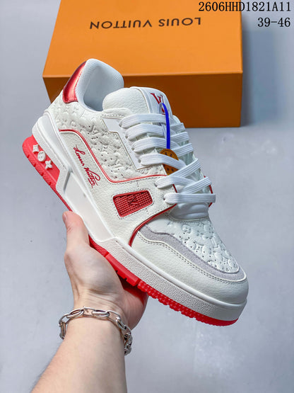 Louis Vuitton Trainer Low-Top Sneakers, White and Red