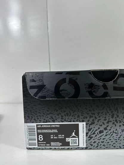Air Jordan 3 Retro shoe box showing the product label, style code CT8532-080, and a photographed sample labeled EU 41, UK 7, and CM 26.