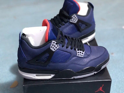 Side view of dark blue Jordan 4 sneakers with perforated panels and a visible midsole air unit