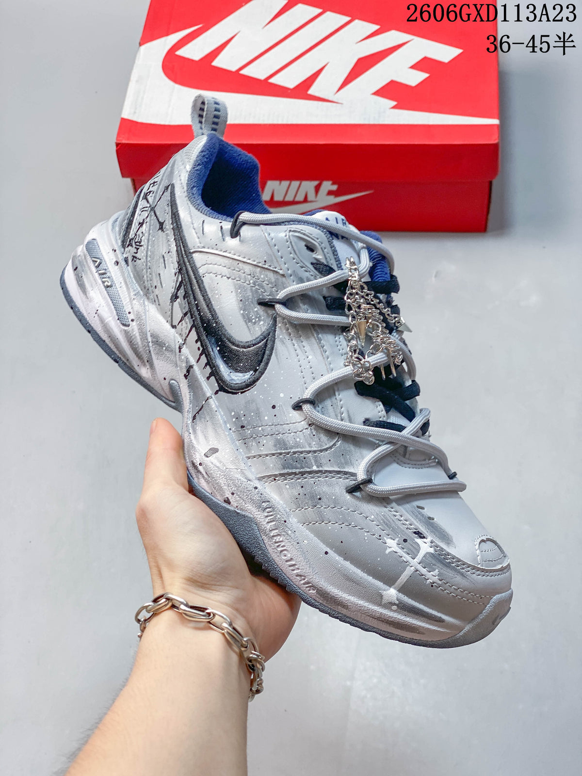 Nike Air Monarch IV Silver and Navy Sneakers 415445-102