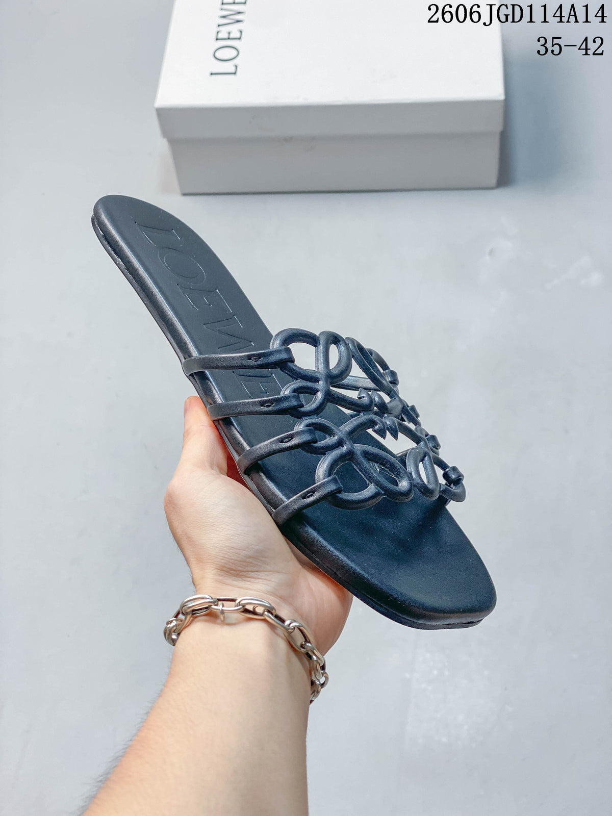 LOEWE Petal Anagram Flat Slide Sandals, Navy