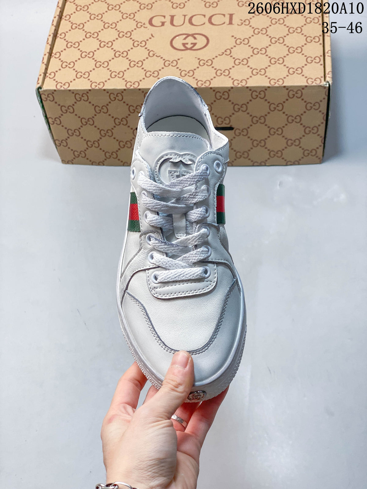 Gucci White Low-Top Sneakers with Green-Red Web Stripe