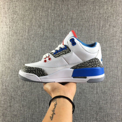 Pair of Air Jordan 3 Retro sneakers viewed from the side, highlighting the white upper and patterned overlays.