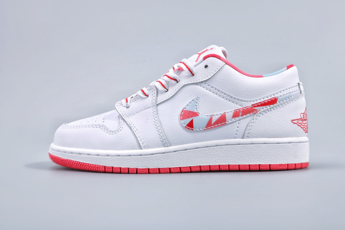 Side profile showing the low-top silhouette, white upper, patterned swoosh, and red outsole.