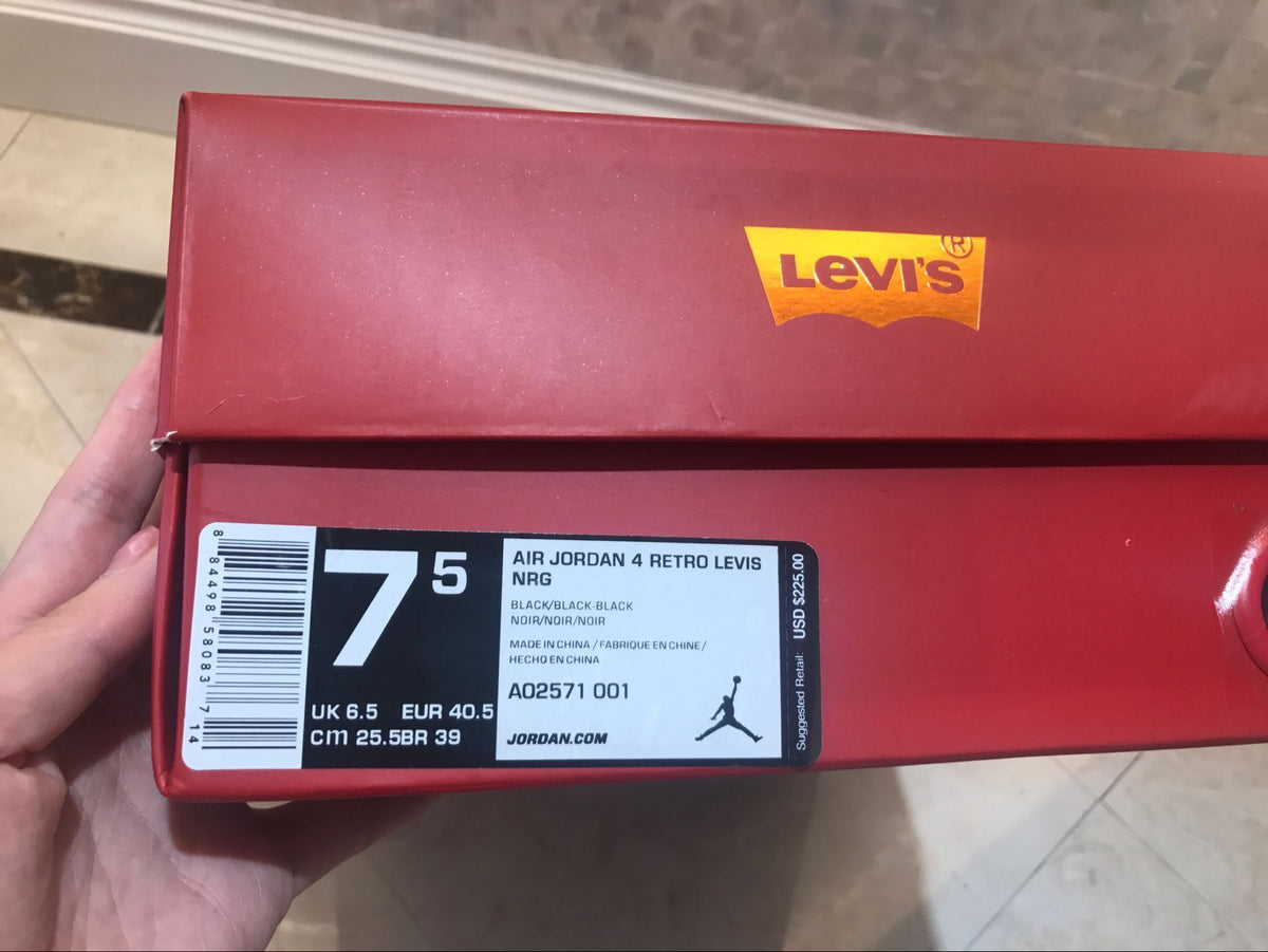 Shoe box label showing Air Jordan 4 Retro Levis NRG, black color, code A02571-001 and EUR 40.5.