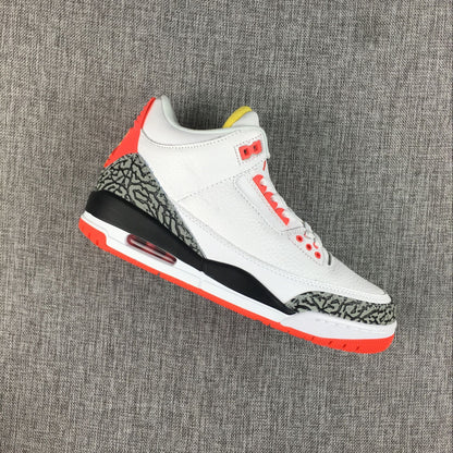 Angled side view of a white Jordan 3 sneaker with red accents and patterned overlays.