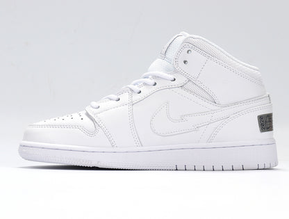 Side profile of a white high-top sneaker with a layered Swoosh and metallic heel detail.