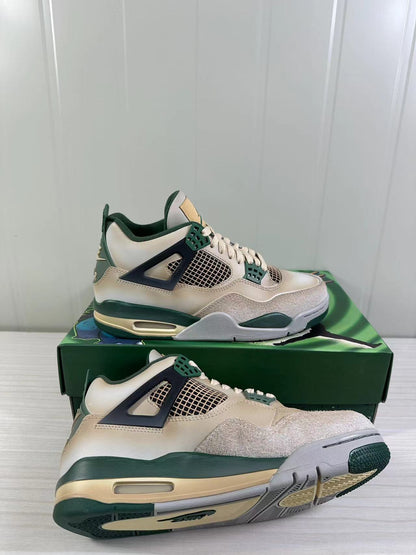 Air Jordan 4 Retro sneakers shown from side and underside angles, highlighting the mesh panels, midsole and outsole.