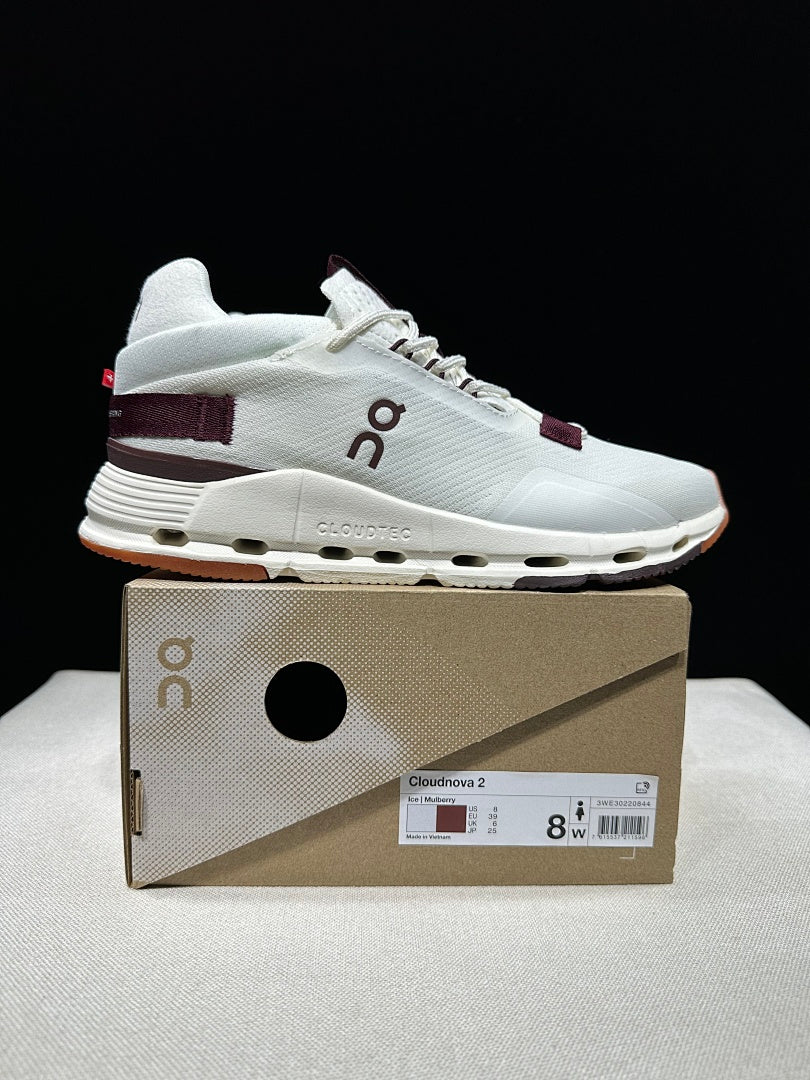 On Cloudnova 2 Sneakers, White and Burgundy