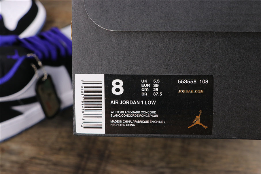 Air Jordan 1 Low box showing style code 553558-108, color text, and a photographed shoe
