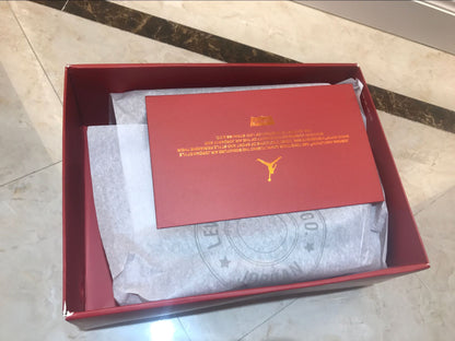 Open red shoe box containing tissue paper and a red printed insert.