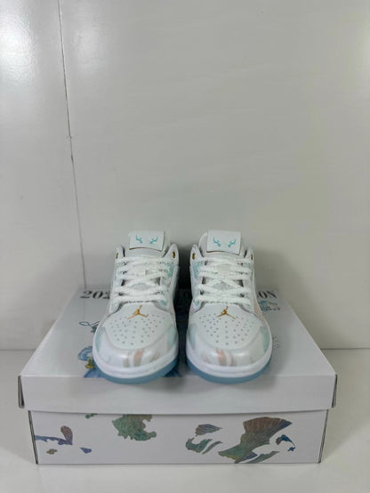 Front view showing the perforated toe boxes, white laces, and pastel detailing.