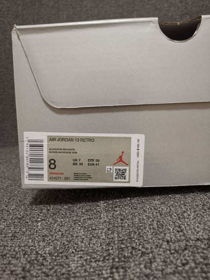 Shoebox label identifying Air Jordan 13 Retro in Black, Gym Red, and White, with EUR 41 sample size
