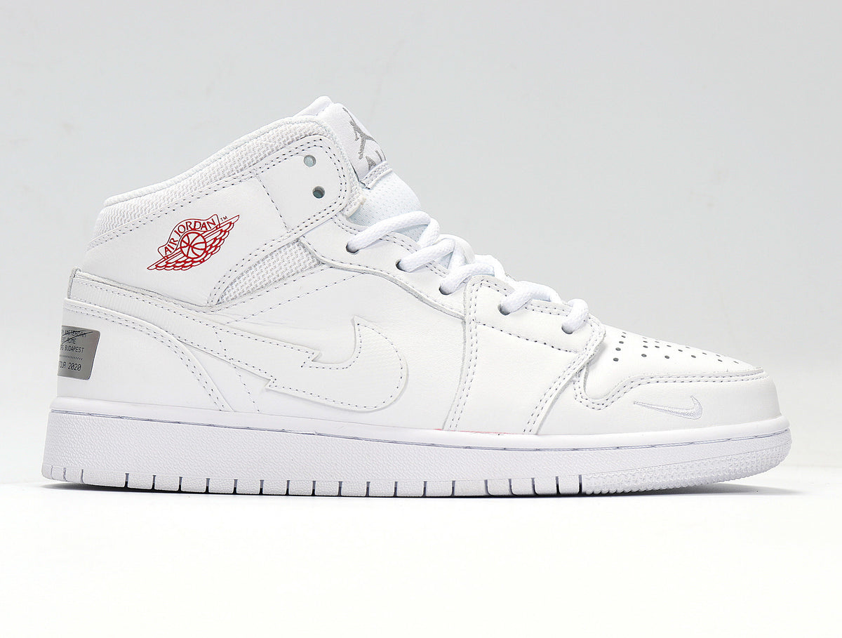 Side profile of a white high-top sneaker showing red wing-style branding, white laces and a textured outsole.
