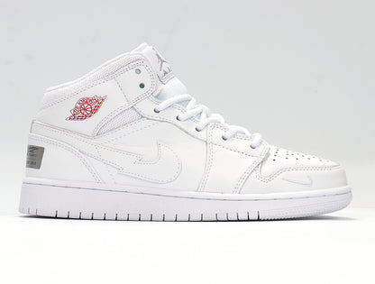 Side profile of a white high-top sneaker showing red wing-style branding, white laces and a textured outsole.