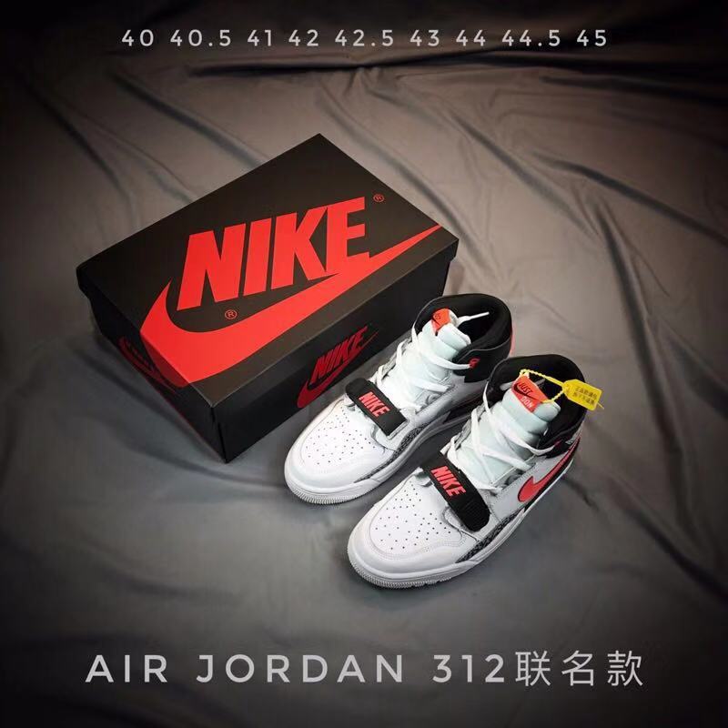 Pair of white, black, and red sneakers beside a branded shoebox; the image lists sizes 40, 40.5, 41, 42, 42.5, 43, 44, 44.5, and 45 and labels the model Air Jordan 312.