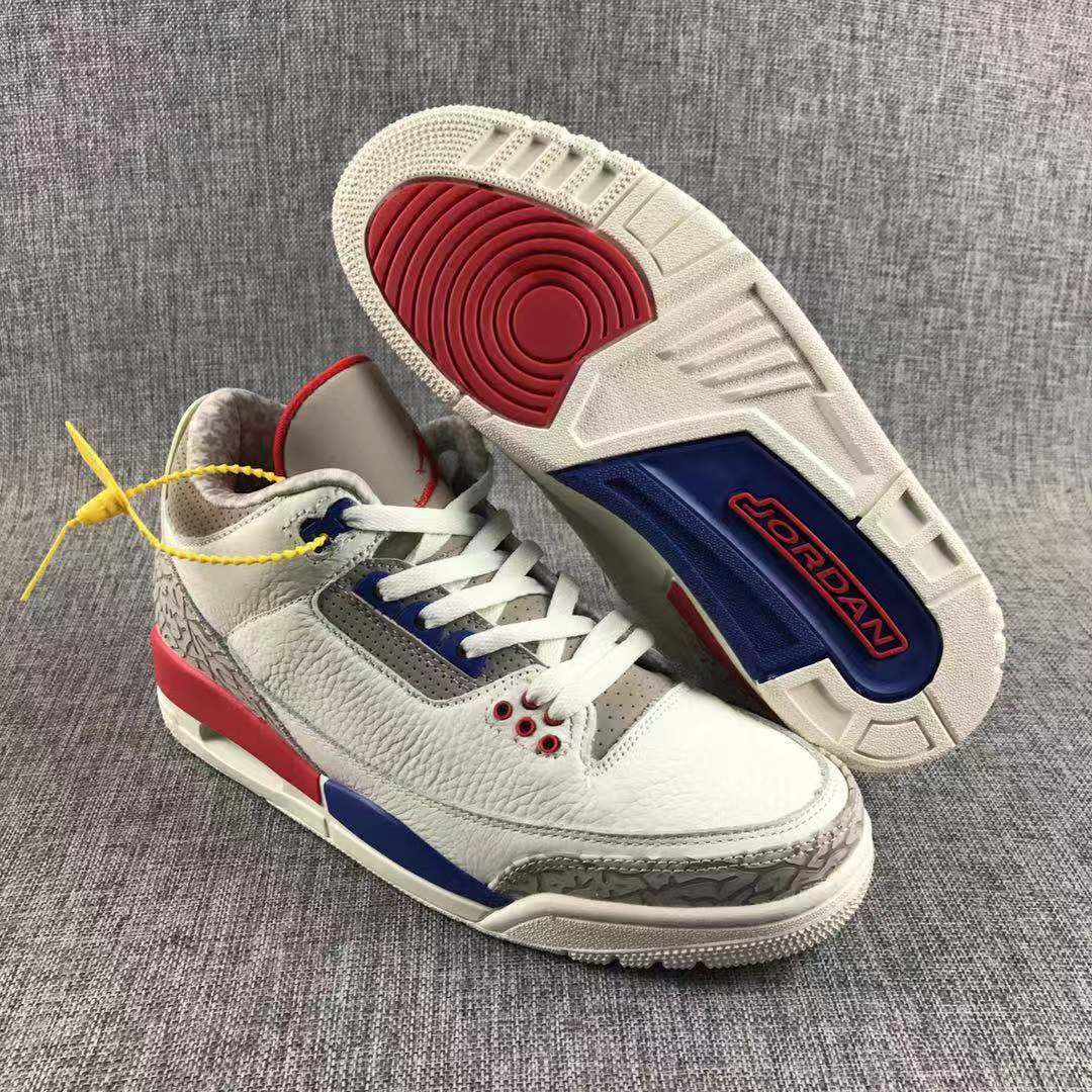 Pair of white Air Jordan 3 sneakers shown from the front and outsole, with red, blue, and grey accents.