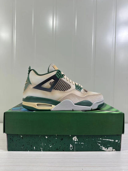 Clean side profile of one off-white, green and navy high-top sneaker.