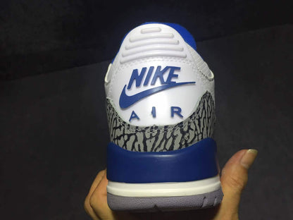 Rear view showing the blue Nike branding, Air lettering, elephant-print heel panel, and blue heel section.