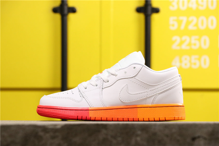 White Nike low-top sneaker with a side Swoosh, gradient pink and orange sole accents, photographed against a yellow background.