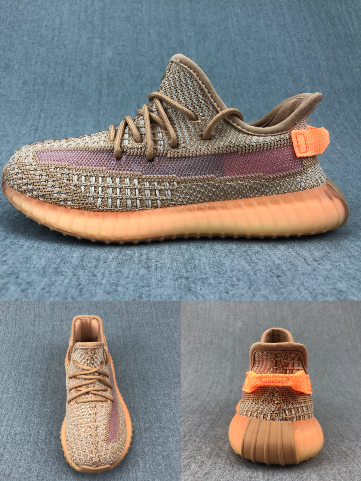 Side, top, and rear views of a brown and beige kids' sneaker with a muted purple side stripe, orange heel tab, and gum-colored sole.