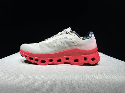 On Cloudmonster Sneakers in Light Gray and Coral