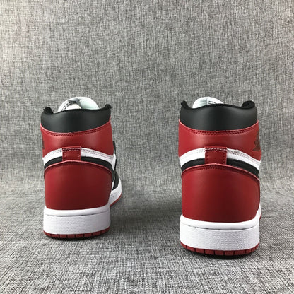 Rear view of the red and black heel panels on Air Jordan 1 high-tops