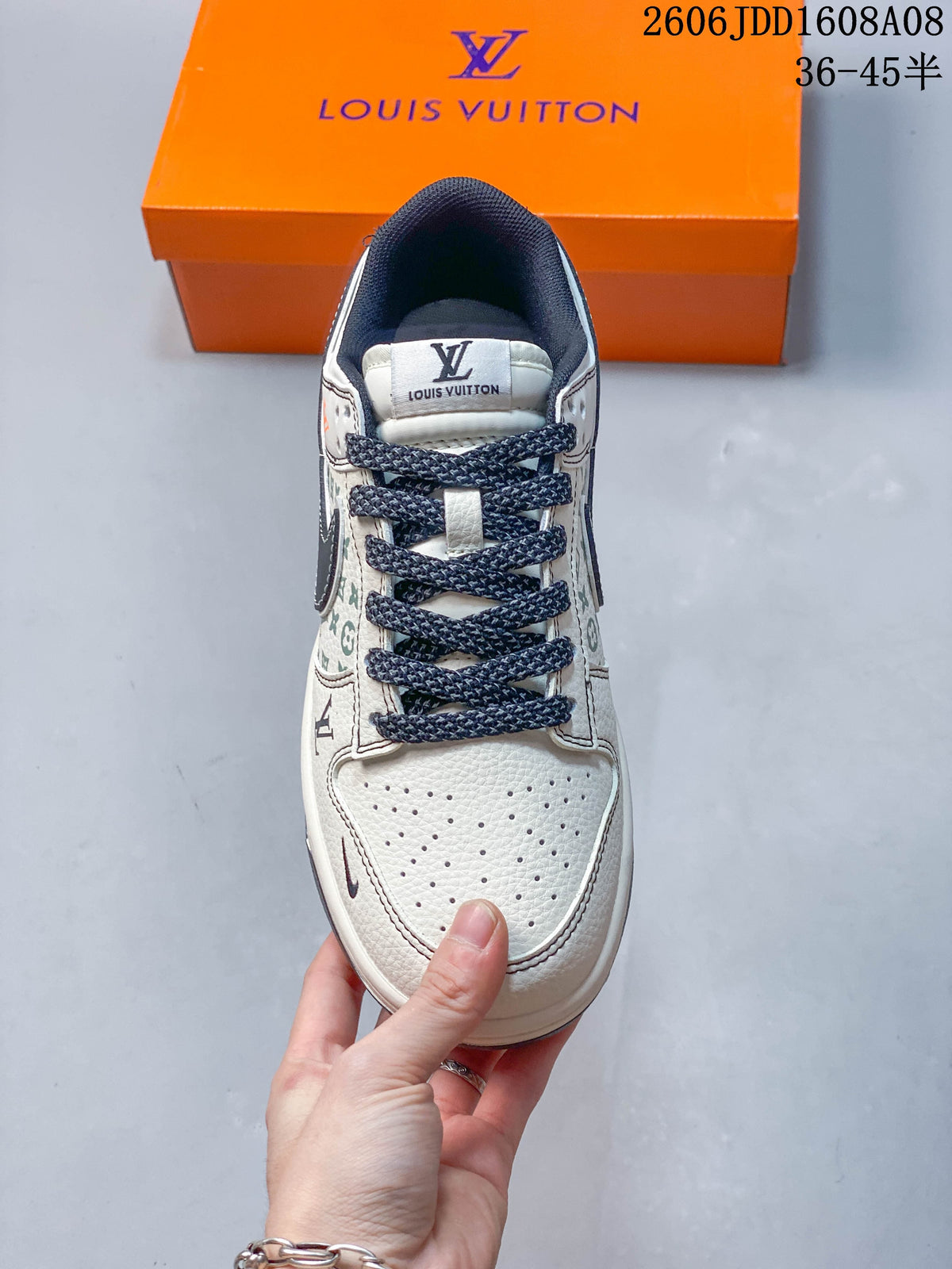 Nike SB Dunk Low Louis Vuitton Print Sneakers, Cream and Gray