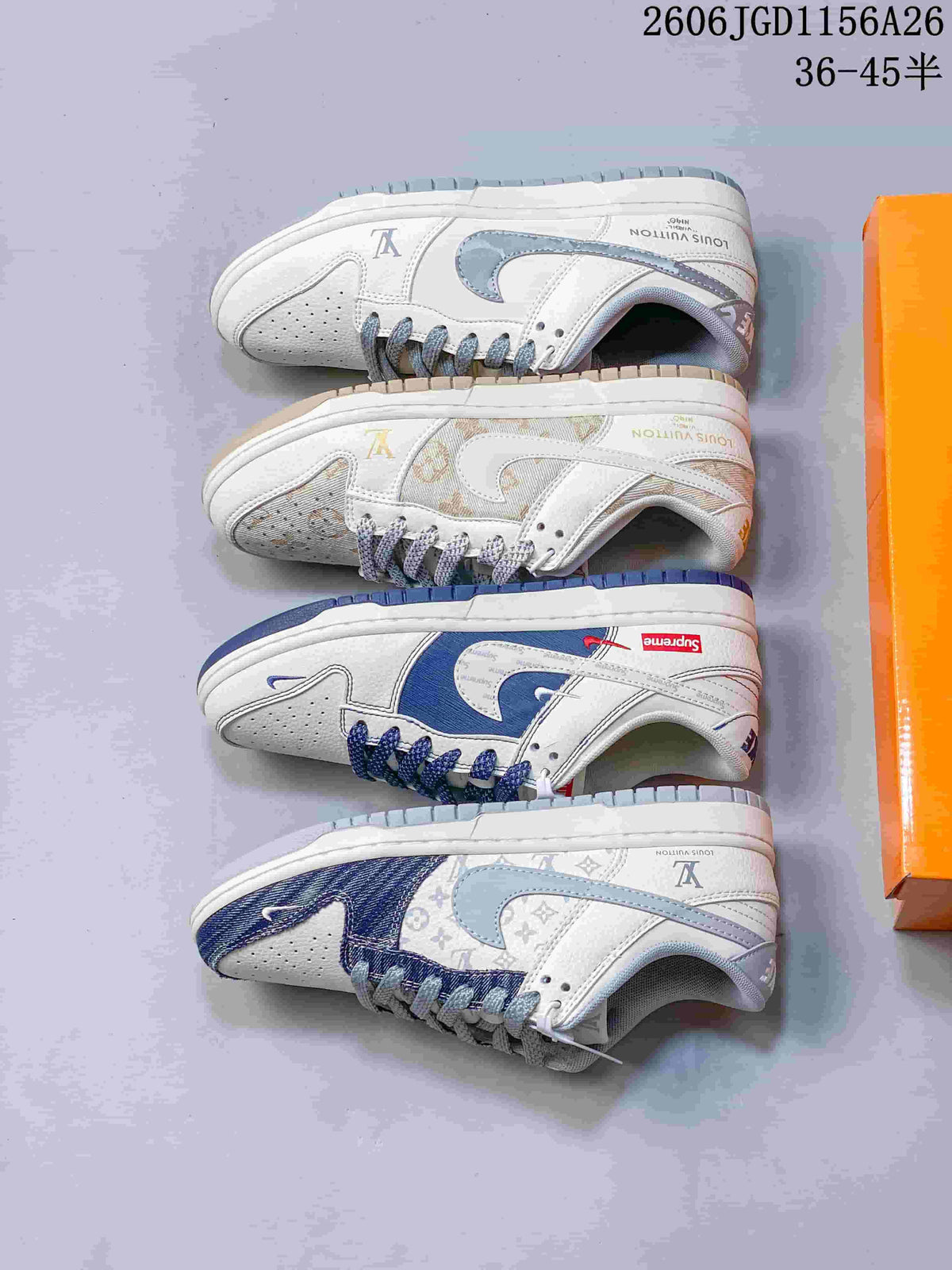Nike Dunk Low White and Blue Monogram Sneakers
