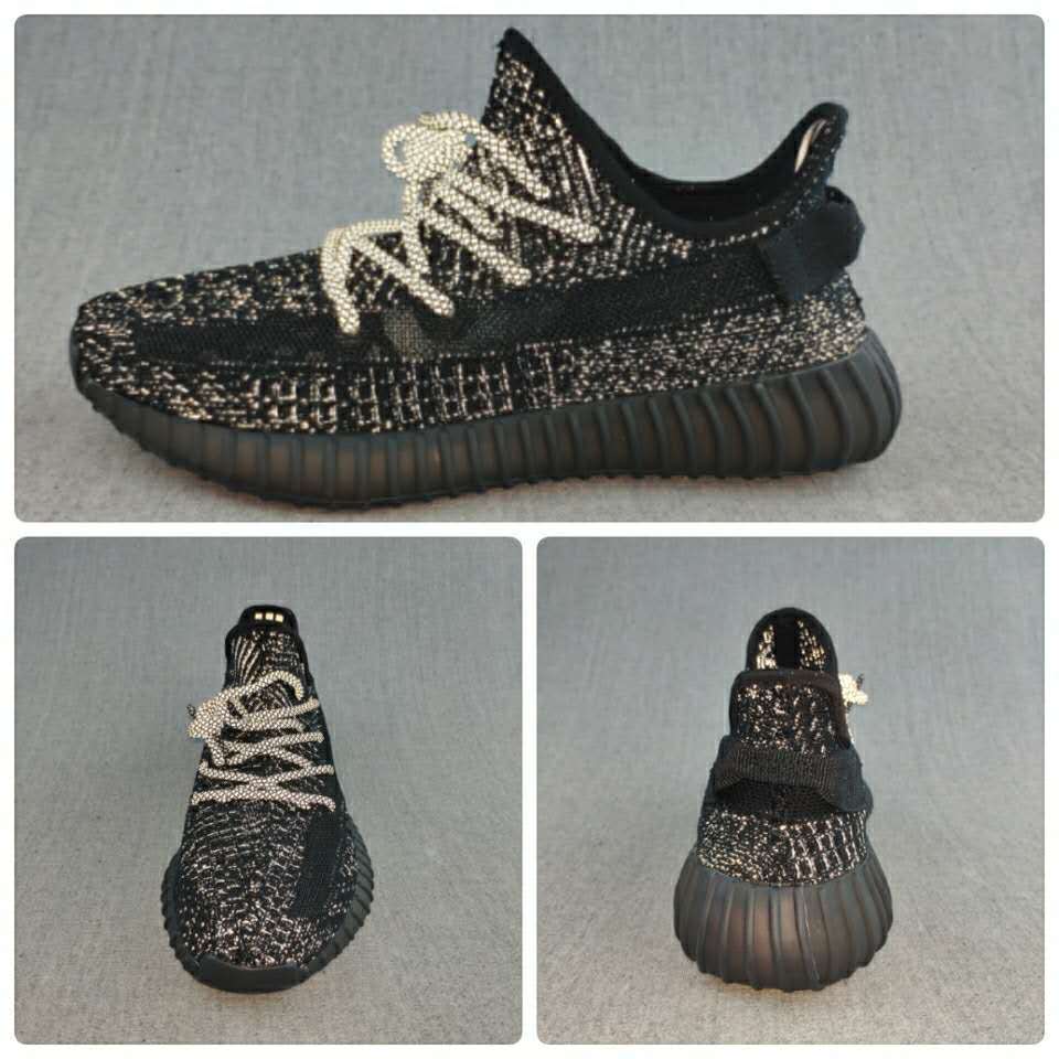 Collage showing side, front, and rear views of the black 350 V2-style sneaker.