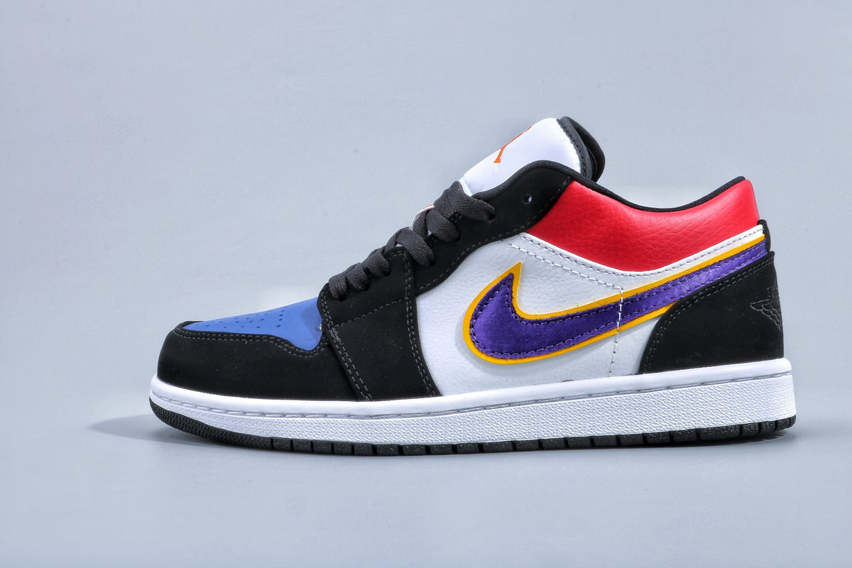 Side view of a Jordan 1 Mid-style sneaker with a blue perforated toe box, black overlays, white mid-panel, purple and yellow side detailing, and a black outsole.