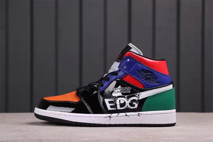 Side profile highlighting the orange toe, black overlays, blue and red upper panels, green heel, and EDG graphics.