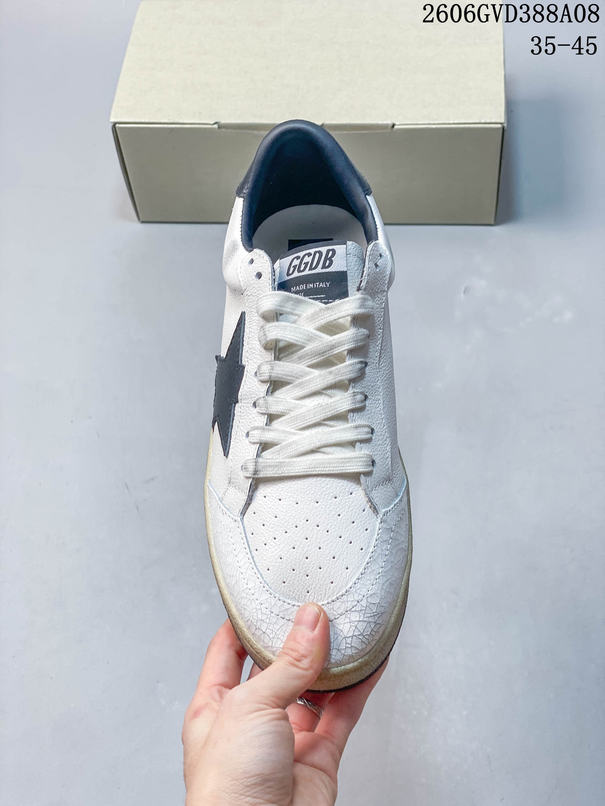 Golden Goose Super-Star White and Navy Star Sneakers 2606GVD388A08
