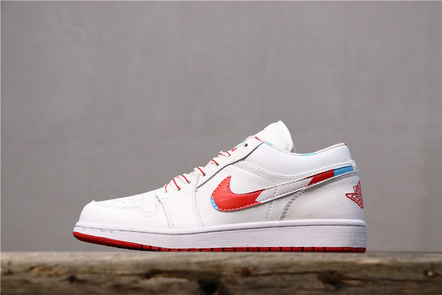 Side view of a white low-top Jordan sneaker with red and iridescent blue accents, a red outsole, and a Jordan wings logo.