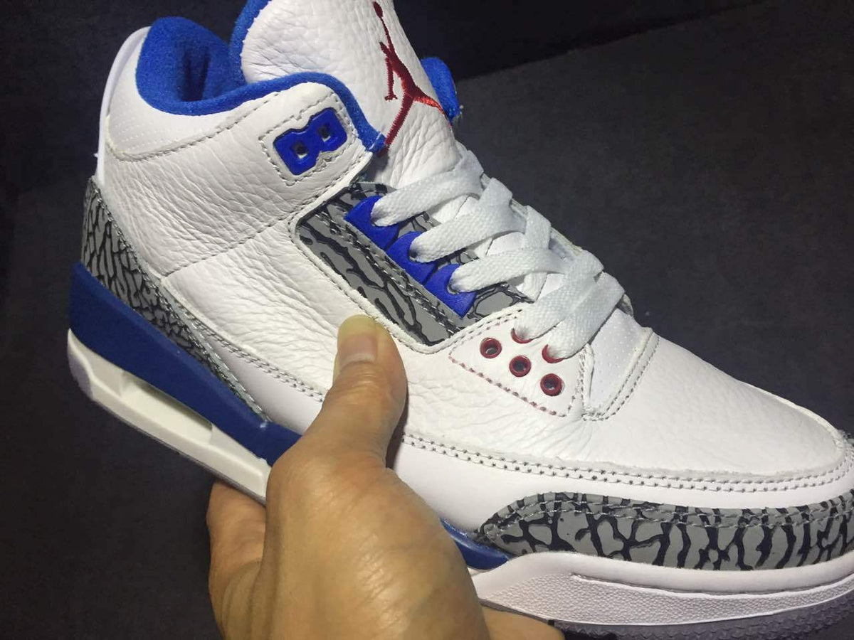 Close-up side view of white and blue Jordan AJ3 high-top sneakers with elephant-print panels and red eyelet accents.