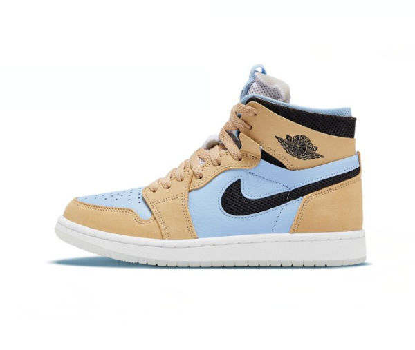 Side view of a light blue and tan high-top sneaker with a black Swoosh, black collar, Jordan wing branding, and a light-colored outsole.