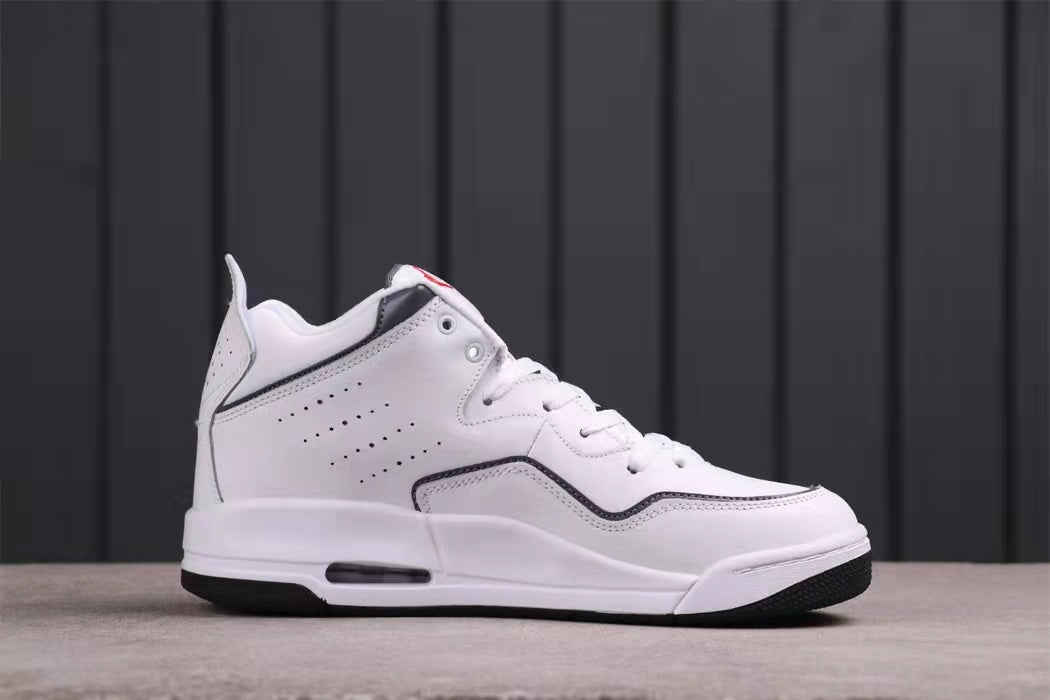 Side profile of the white low-top sneaker with black detailing and a visible sole air window
