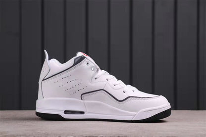 Side profile of the white low-top sneaker with black detailing and a visible sole air window