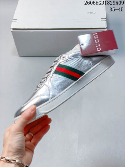 Gucci Silver Low-Top Sneakers with Green-Red Web Stripe