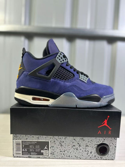 Purple and black Jordan Air Jordan 4 sneaker displayed on its shoebox, with the box label visible.