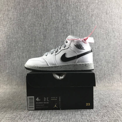 White and black high-top sneaker displayed on a black box; the box label shows Air Jordan 1 Mid (GS), EU 36, and US 4Y.