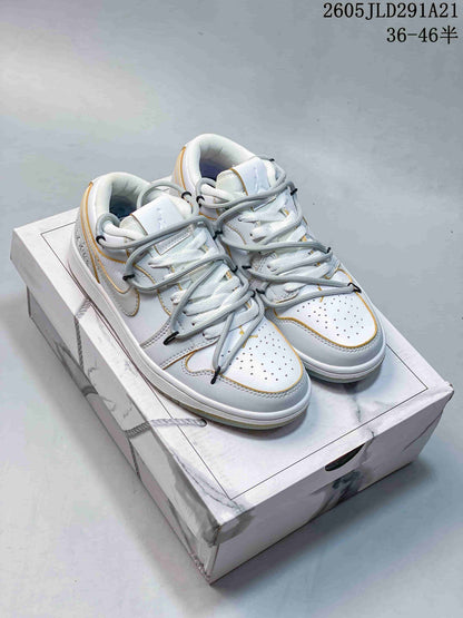 Air Jordan 1 Low White and Grey Sneakers with Gold Accents