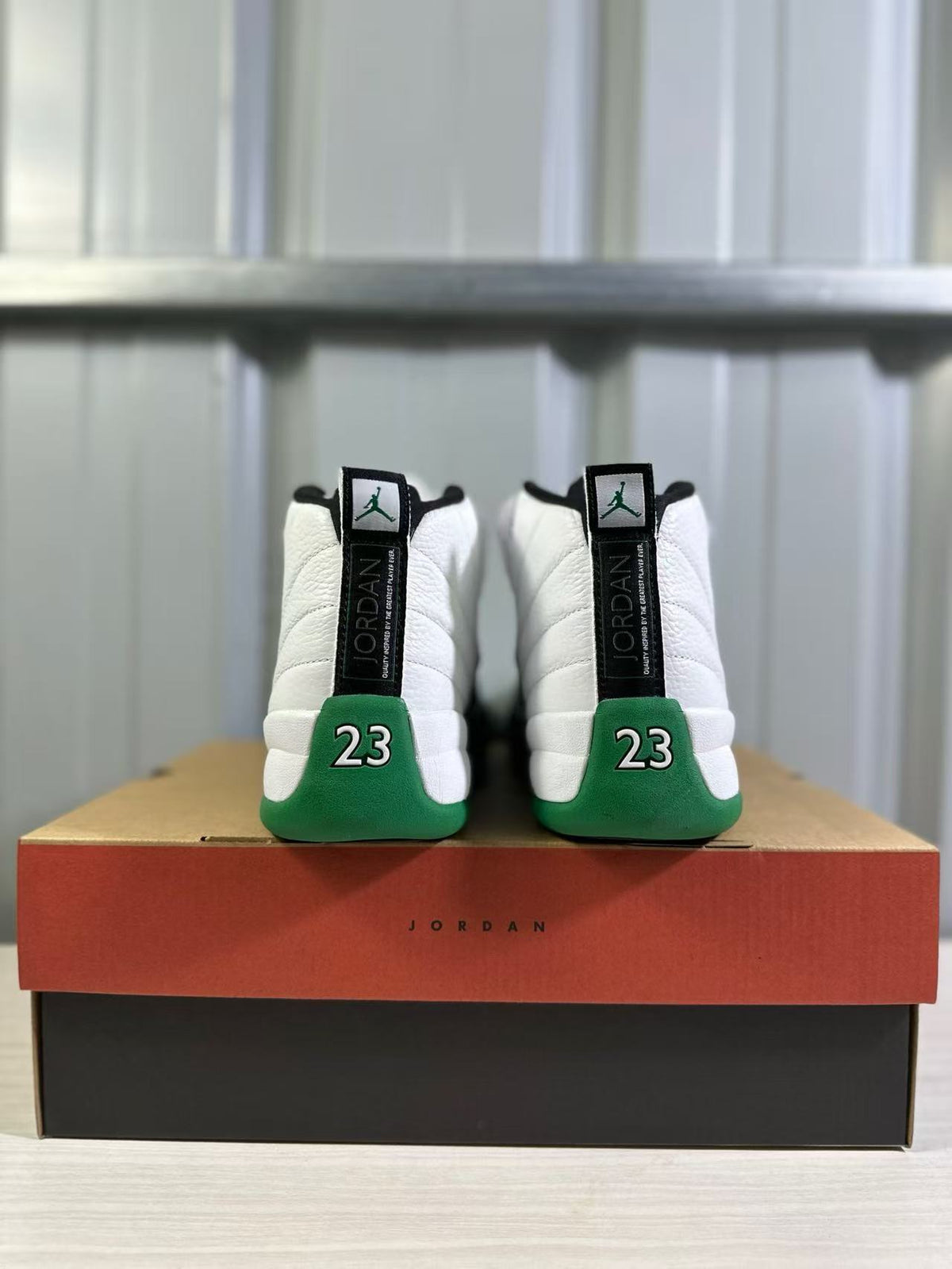 Rear view of the pair showing Jordan heel branding, green heel panels and the number 23.