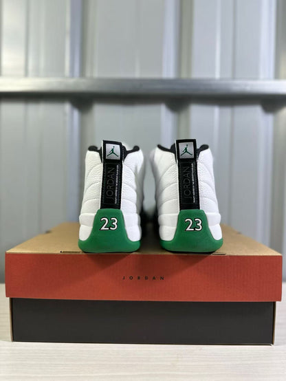 Rear view of the pair showing Jordan heel branding, green heel panels and the number 23.